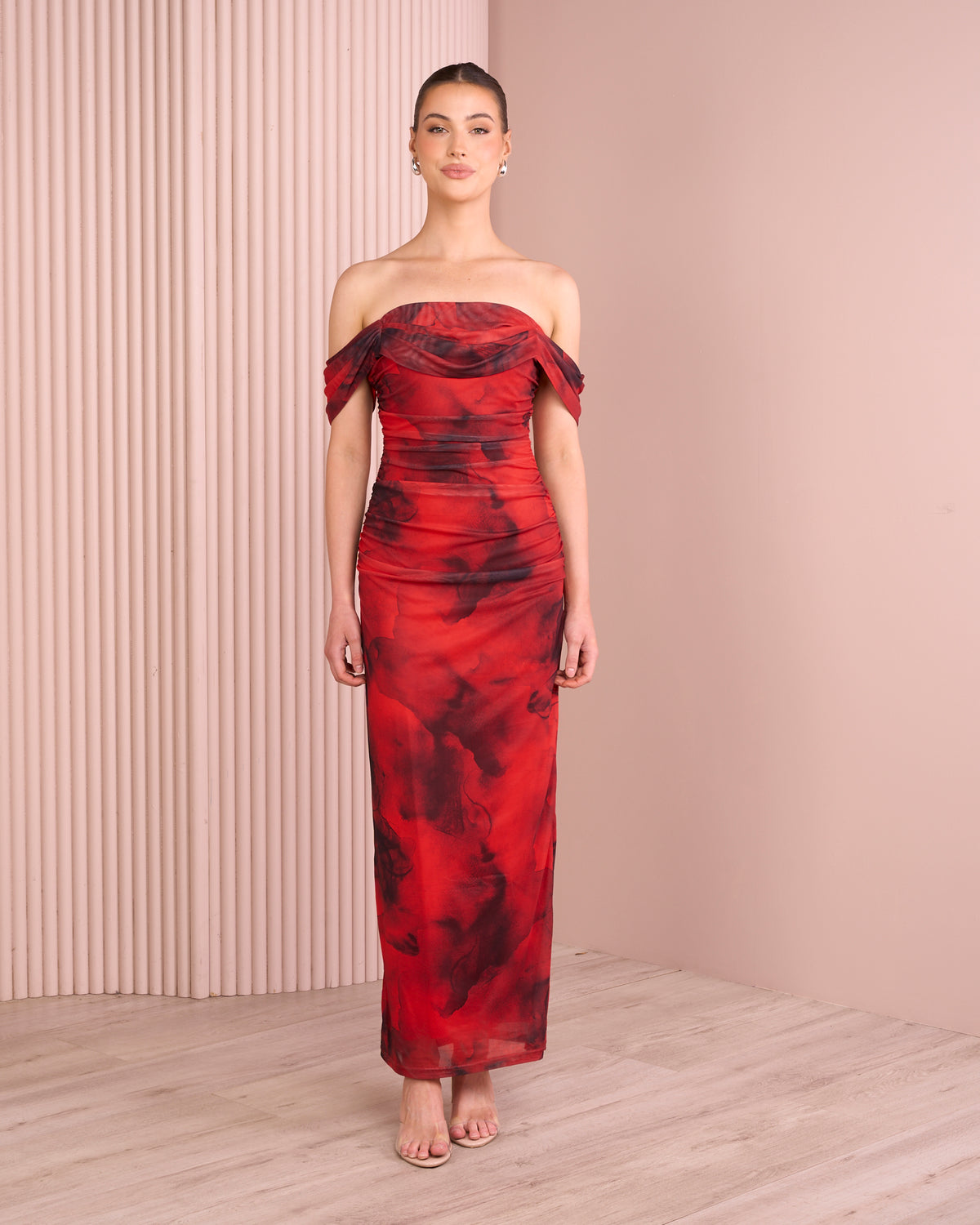 Aubree Ruched Mesh Midi Dress