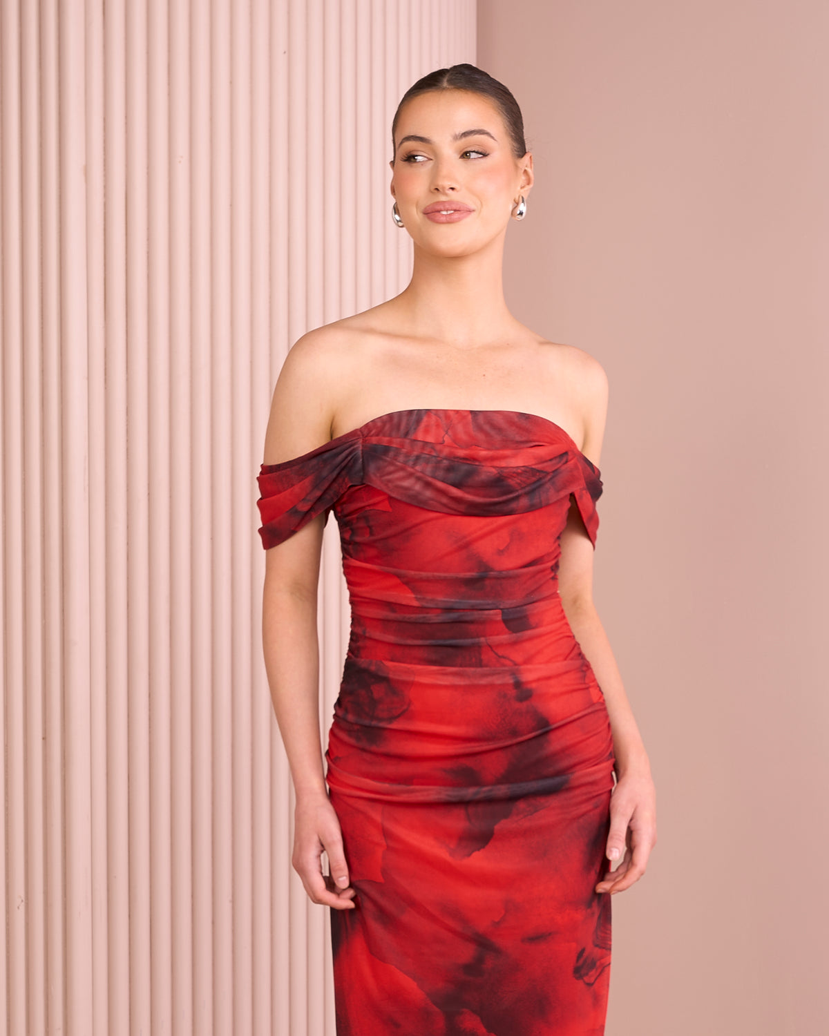 Aubree Ruched Mesh Midi Dress