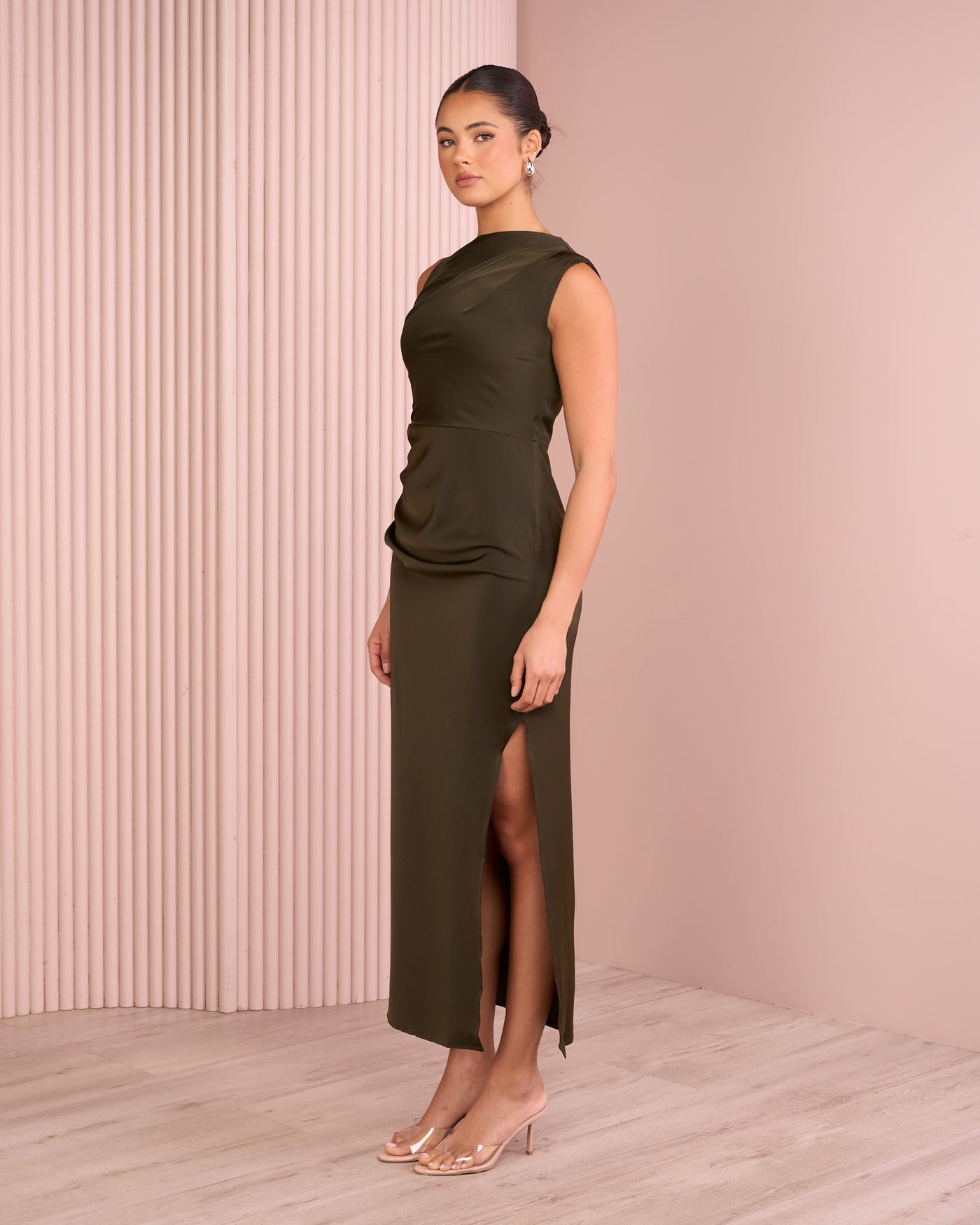 high neck olive green dress Carter